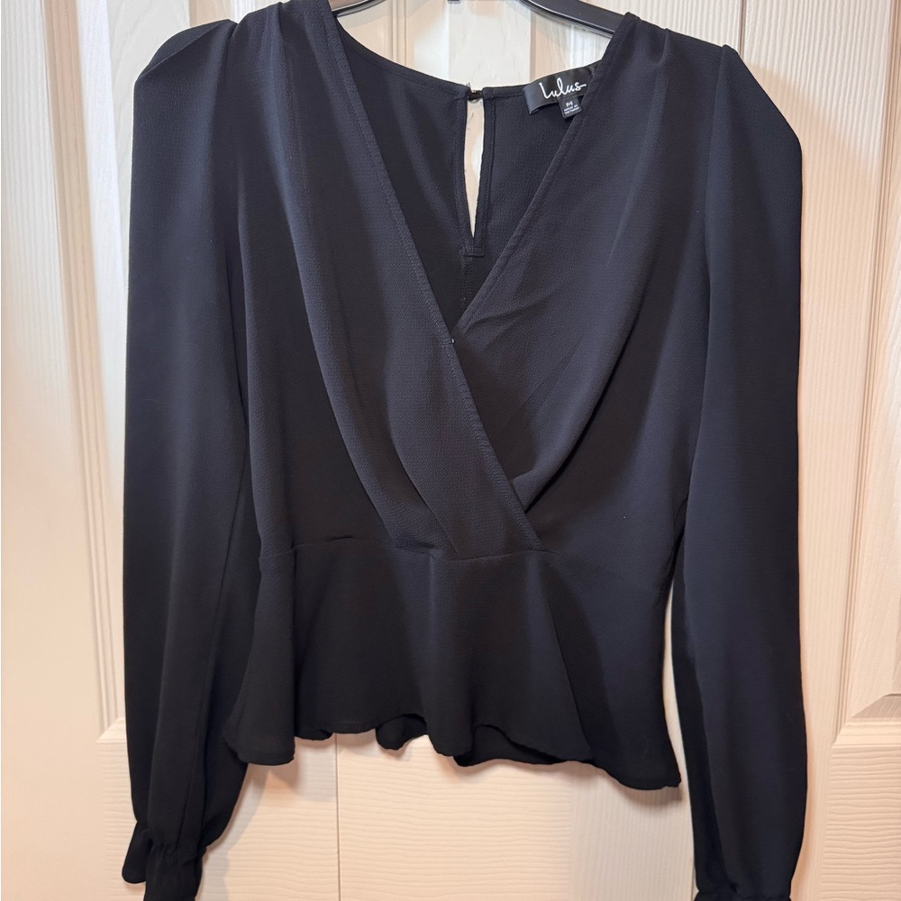 Lulu's Black Long-Sleeve Wrap Peplum Blouse